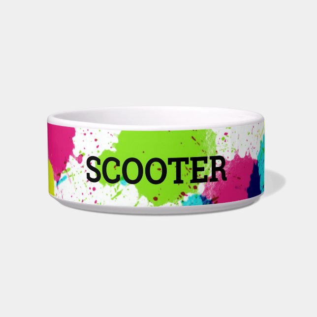 Neon Paint Splash Pet Name Pet Bowl (Front)