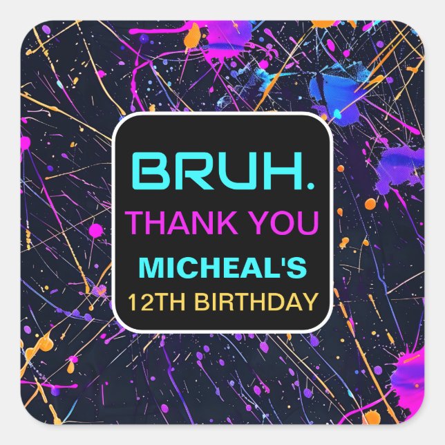 Neon Paint Splatter 12th Birthday Party Square Sticker (Front)