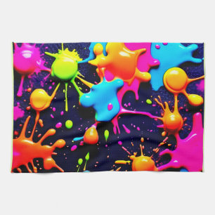 Neon Paint Splatter Abstract Art Tea Towel