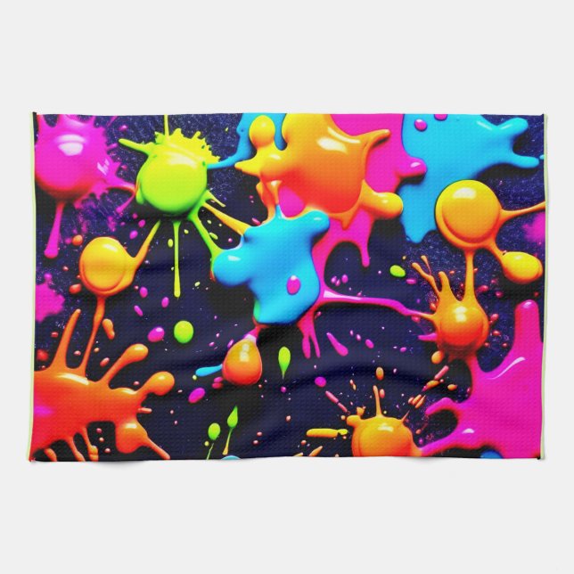 Neon Paint Splatter Abstract Art Tea Towel (Horizontal)