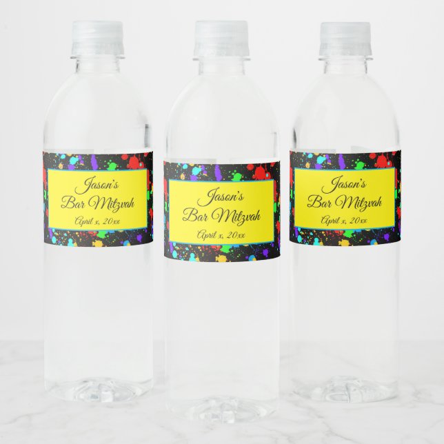 Neon Paint Splatter Bat Mitzvah, Birthday Party Water Bottle Label (Bottles)