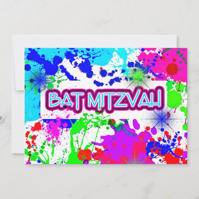 Neon Paint Splatter, Bat Mitzvah Celebration Invitation (Front)