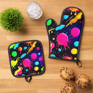 Neon Paint Splatter Design Oven Mitt & Pot Holder Set