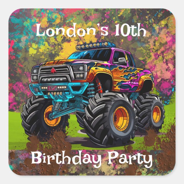 Neon Paint Splatter Monster Truck Birthday Party Square Sticker (Front)