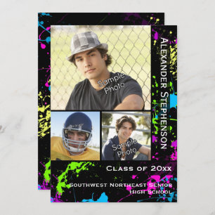 Neon Paint Splatter Photo Graduation Invitation