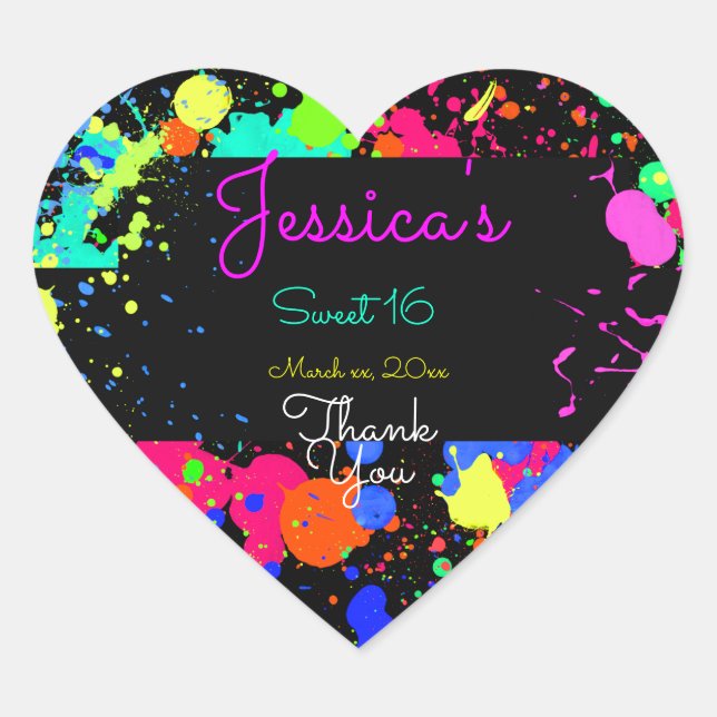 Neon, Paint Splatter, Sweet Sixteen, Bat Mitzvah Heart Sticker (Front)