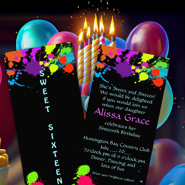 Neon Paint Splatter, Sweet Sixteen Invitation (Creator Uploaded)