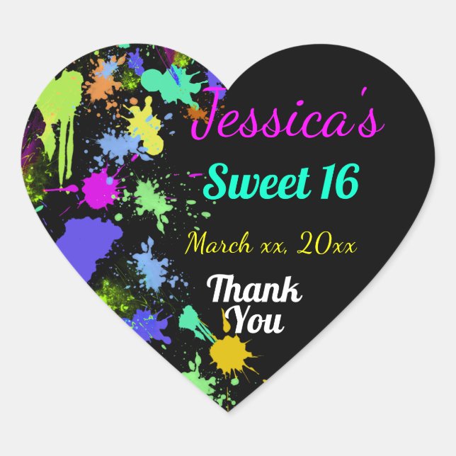 Neon, Paint Splatter, Sweet Sixteen, Thank You Heart Sticker (Front)