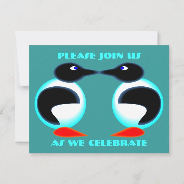 NEON PAIR PENGUINS ANNIVERSARY PARTY INVITATION (Front)