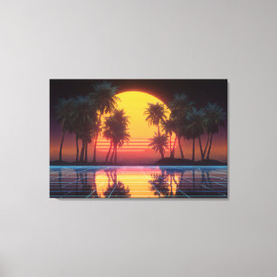 Neon Palm Grid Sunset Canvas Print