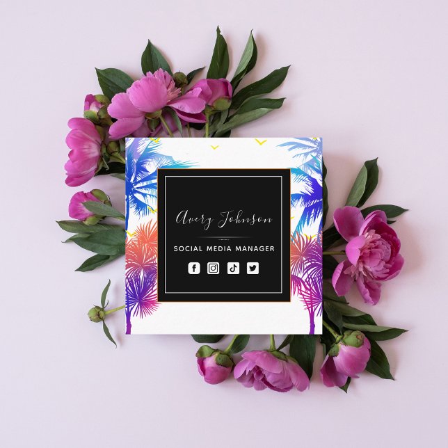 Neon Palm Tree Vacation Theme Qr Code Social Media Square Business Card (Creator Uploaded)