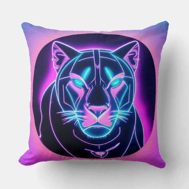 Neon Panther Face in Geometric Art Cushion (Front)