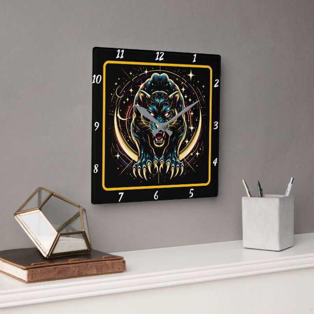 Neon Panther Midnight Glow Timekeeper Square Wall Clock (Office)