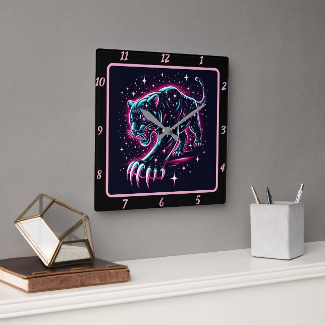 Neon Panther Twilight Glow Timer Square Wall Clock (Office)