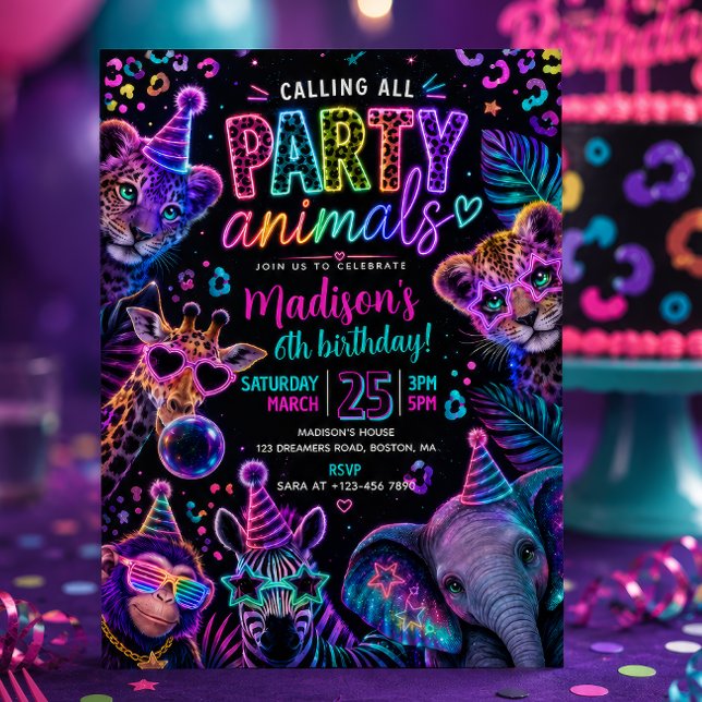 Neon Party Animals Birthday  Invitation (Creator Uploaded)