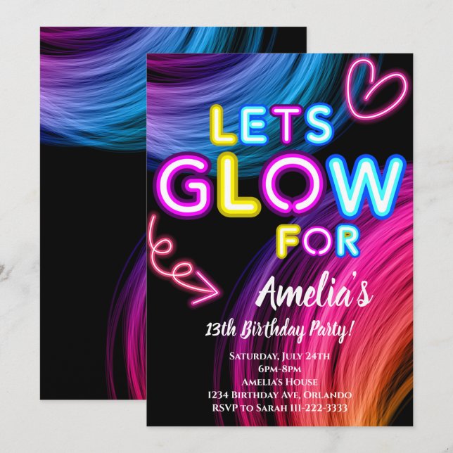 Neon Party Glow Birthday Invitation (Front/Back)