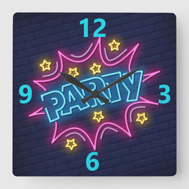 Neon Party Sign Square Wall Clock (Front)