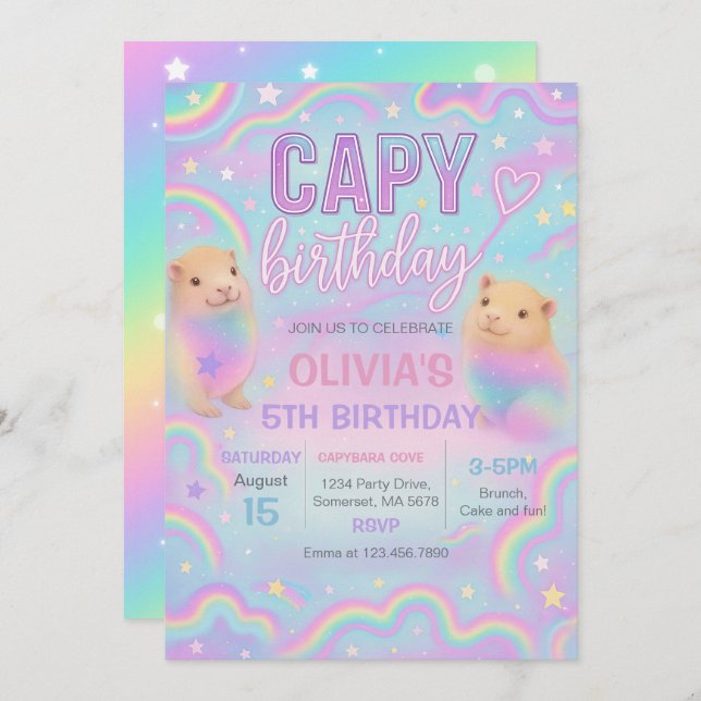 Neon Pastel Capybara Birthday Party Invitation (Front/Back)