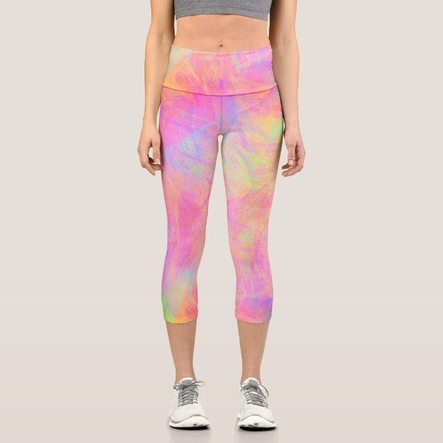 Neon Pastel Multi Coloured Brushed Paint Tie Dye Capri Leggings (Front)