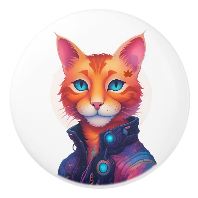 "Neon Paws: The Ginger, Blue-Eyed Cyberpunk Cat" Ceramic Knob (Front)