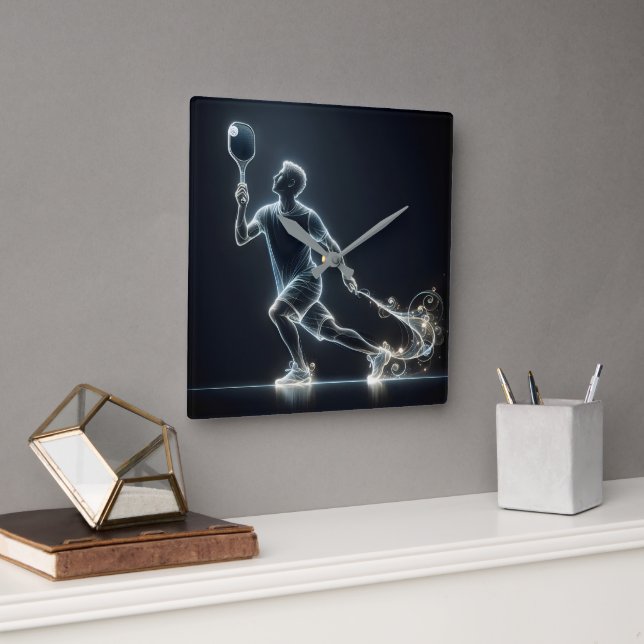 Neon Pickleball Player Square Wall Clock (Office)