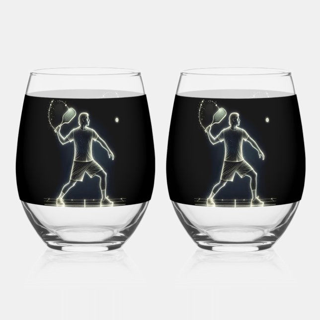 Neon Pickleball Player Stemless Wine Glass (Front)