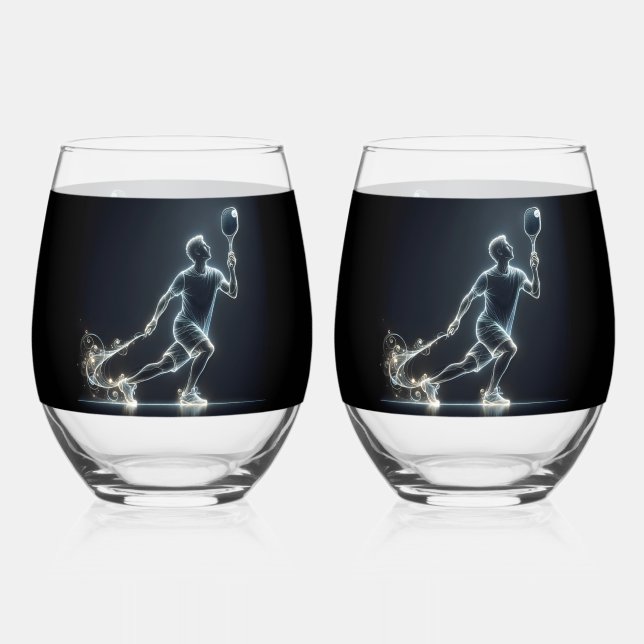 Neon Pickleball Player Stemless Wine Glass (Front)