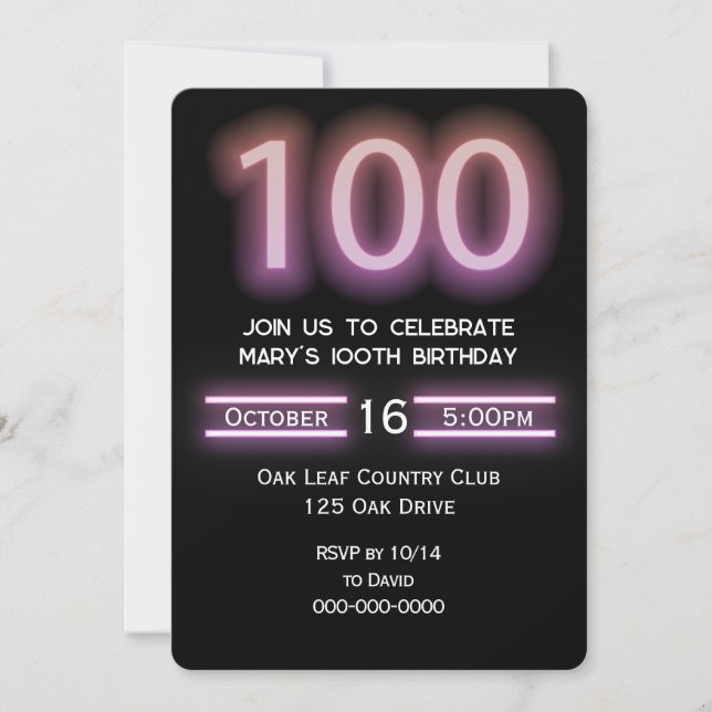 Neon Pink 100th Birthday Party Invitation (Front)