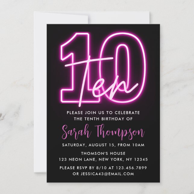 Neon Pink 10th Birthday Invitation (Front)