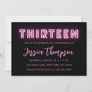 Neon Pink 13th Birthday Invitation