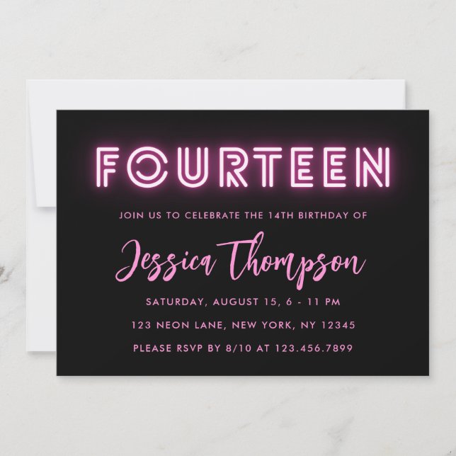 Neon Pink 14th Birthday Invitation (Front)