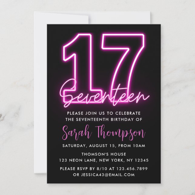 Neon Pink 17th Birthday Invitation (Front)