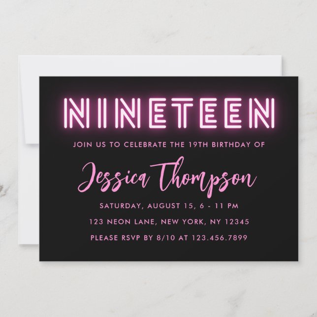 Neon Pink 19th Birthday Invitation (Front)