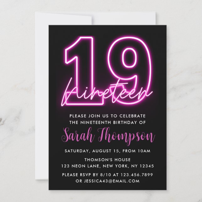 Neon Pink 19th Birthday Invitation (Front)