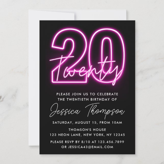 Neon Pink 20th Birthday Invitation (Front)