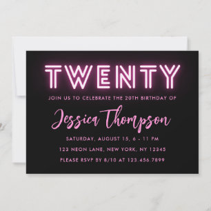 Neon Pink 20th Birthday Invitation