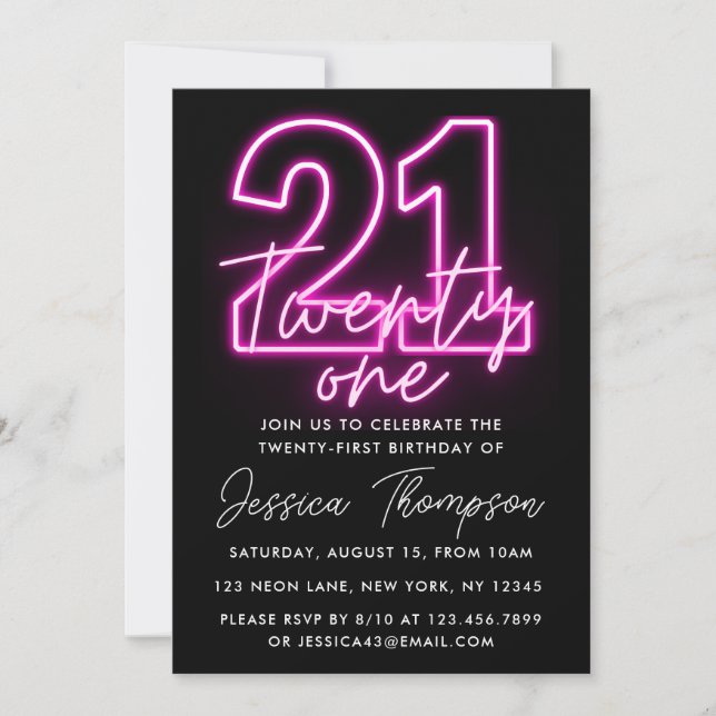 Neon Pink 21st Birthday Invitation (Front)