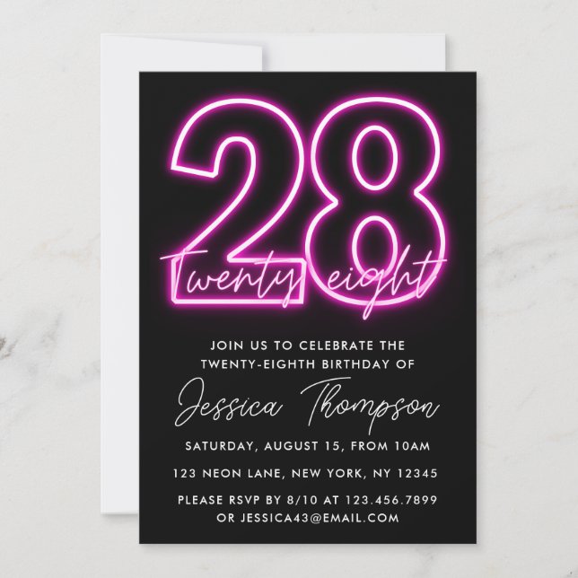 Neon Pink 28th Birthday Invitation (Front)