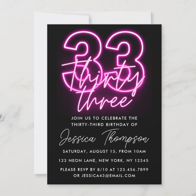Neon Pink 33rd Birthday Invitation (Front)