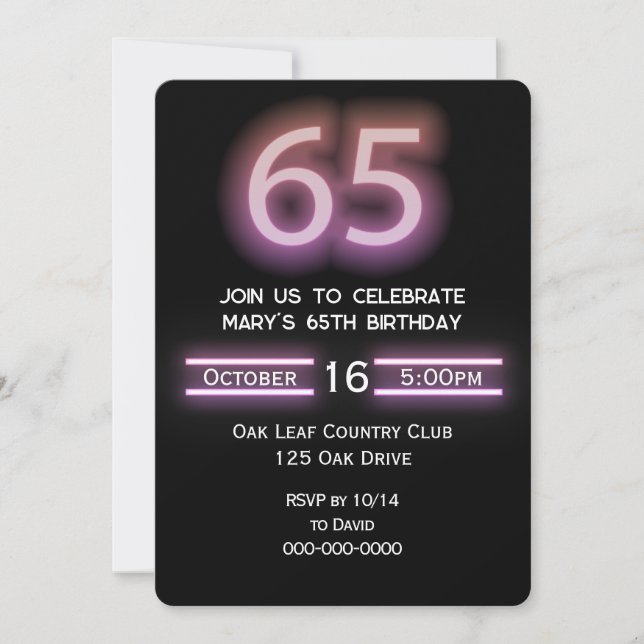 Neon Pink 65th Birthday Party Invitation (Front)