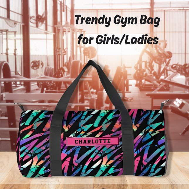 Neon Pink Abstract Grunge Stripes Girls Sports Duffle Bag (Creator Uploaded)