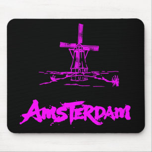 Neon Pink Amsterdam Windmill Sketch Modern Black Mouse Mat