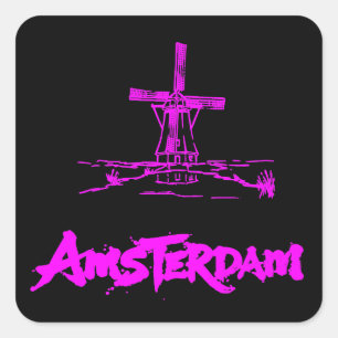Neon Pink Amsterdam Windmill Sketch Modern Black Square Sticker