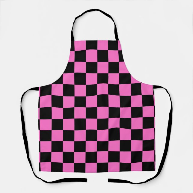 Neon Pink and Black Chequered Chequerboard Vintage Apron (Front)