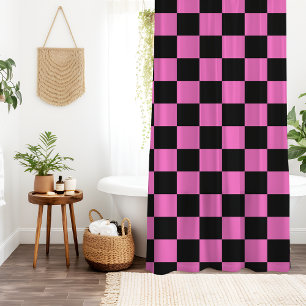 Neon Pink and Black Chequered Chequerboard Vintage Shower Curtain
