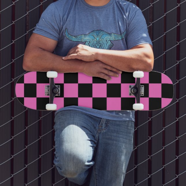 Neon Pink and Black Chequered Chequerboard Vintage Skateboard (Outdoor 3)