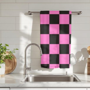 Neon Pink and Black Chequered Chequerboard Vintage Tea Towel