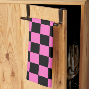 Neon Pink and Black Chequered Chequerboard Vintage Tea Towel