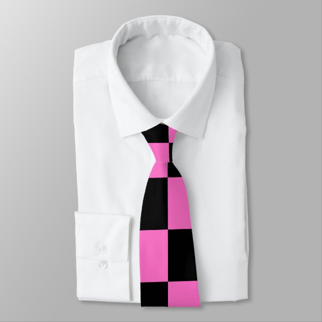 Neon Pink and Black Chequered Chequerboard Vintage Tie (Tied)
