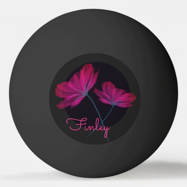 Neon pink and black flowers with name Floral Ping Pong Ball (Front)